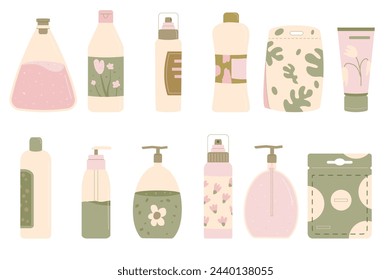 Beauty products for body bottles set. Cleansing and moisturizing body care. Serum and cream for spa. Flat vector illustration isolated on white background.