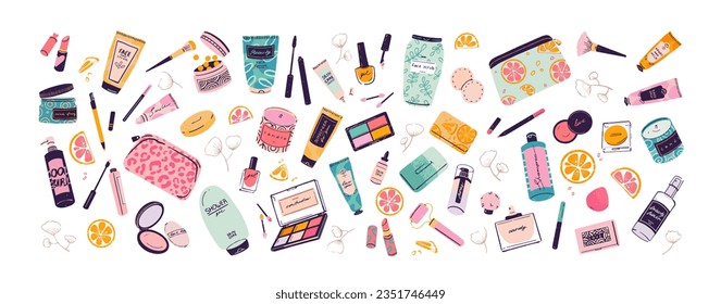 Beauty products for bodycare set. Cream, scrub for face, oil and shampoo for hair, soap for hygiene skin. Decorative cosmetics, makeup: mascara, eyeliner, eyeshadow. Flat isolated vector illustration