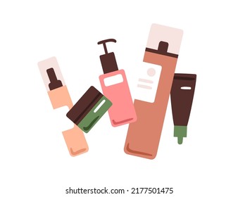 Beauty products in bottles, jars. Abstract cosmetic cleansing, moisturizing lotions, shampoos for hair styling, skin care. Cosmetics packages. Flat vector illustration isolated on white background