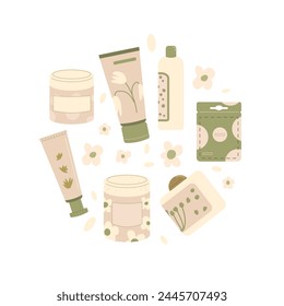 Beauty products circle emblem. Cleansing and moisturizing face. Skincare cosmetics round composition. Bottles, containers and tubes. Flat vector illustration.