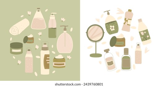 Conjunto de emblemas de círculo de productos de belleza. Cuidado de la piel cosméticos orgánicos de rutina diaria. Limpiar e hidratar la cara y el cuerpo. Botellas, envases y tubos. Ilustración vectorial plana moderna.