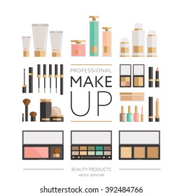 Beauty products collection - flat  style vector illustration, big set of tubes, bottles, lipsticks, palettes, enamels and other. For web and print design - banner, poster, card, label.