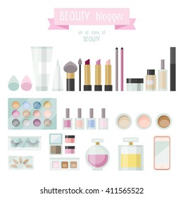 Beauty products collection - flat style vector illustration, big set of tubes, bottles, lipsticks, palettes and other. For web and print design - banner, poster, card, label.