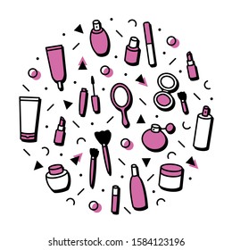 Beauty products concept theme. Cosmetics round print. Circle with lipstick, mascara, perfume, eyeshadows. Makeup and beauty care  template for shops in memphis line style.