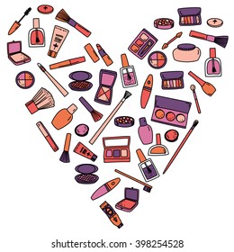 Beauty products and cosmetics hand drawn doodle clip art background in a heart shape