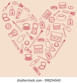 Beauty products and cosmetics hand drawn doodle clip art background in a heart shape