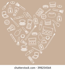 Beauty products and cosmetics hand drawn doodle clip art background in a heart shape