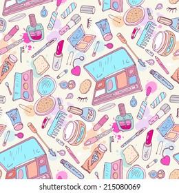 Beauty Products. Cosmetics. Seamless Hand Drawn Vector Background.