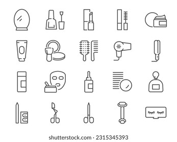 Beauty products icon set. It included cosmetic, facial, treatment, makeup, and more icons. Editable Vector Stroke.