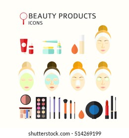 Beauty products icons.Icon set of skin care products. Decorative cosmetics.Face makeup.Modern flat style