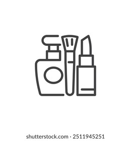 ícone de linha Produtos de beleza. sinal de estilo linear para conceito móvel e web design. Batom, pincel de maquiagem e ícone do vetor de contorno do frasco de perfume. Símbolo, ilustração de logotipo. Gráficos vetoriais