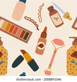 Beauty products for make up and skincare. Hand drawn vector seamless pattern.