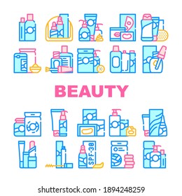 Beauty Products Makeup Collection Icons Set Vector. Beauty Lotion And Cream, Balm And Hair Conditioner, Cosmetic Oil And Face Mask Concept Linear Pictograms. Contour Color Illustrations