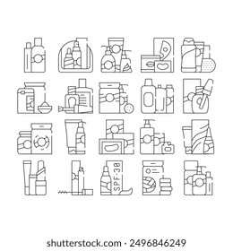 Beauty Products Makeup Collection Icons Set Vector. Beauty Lotion And Cream, Balm And Hair Conditioner, Cosmetic Oil And Face Mask Black Contour Illustrations