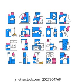 Beauty Products Makeup Collection Icons Set Vector. Beauty Lotion And Cream, Balm And Hair Conditioner, Cosmetic Oil And Face Mask color Contour Illustrations