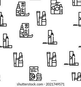 Beauty Products Makeup Vector Seamless Pattern Thin Line Illustration
