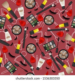 Beauty products pattern on a red background