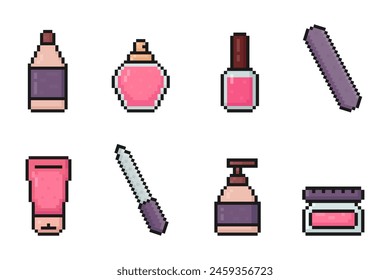 Schönheitsprodukte Pixel Art Icons, Verschiedene Kosmetik, 80er, 90er Jahre, alte Arcade-Spielstil, Shampoo, Parfüm, Nagellack, Nagelfeile, Creme, Lotion, Feuchtigkeitscreme, Hautpflege, Vektorillustration