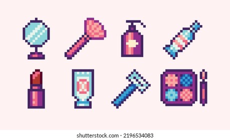 Juego de píxeles de los productos de belleza. Maquillaje, colección de cuidado de la piel. Sprite de 8 bits. Desarrollo de juegos, aplicación móvil.  Ilustración vectorial aislada.