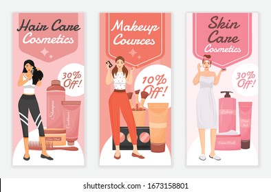 Beauty products and procedures flyers flat vector templates set. printable leaflet design layout. Make up and skincare cosmetics sales advertising web vertical banner, social media stories