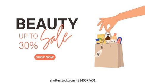 Beauty products sale banner. Female hand holds package with skincare products. Cosmetic sale template. Colorful bottles, glass jars, tubes in bag. Woman face care. Hand drawn vector illustration.