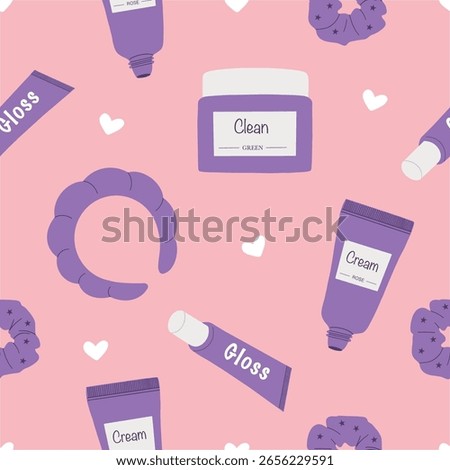 Beauty products seamless pattern. Cleanser, cream, lip gloss, hair band and elastic. Beauty care. Hand drawn vector illustration