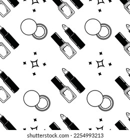 Productos de belleza Patrón sin inconvenientes de diferentes herramientas de maquillaje labial. Ilustración vectorial de labios, polvo, esmalte de uñas, brillo de labios y otros. Estilo de la moda del glamur. Fondo blanco.