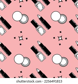 Beauty Products Seamless pattern of different lip make-up tools. Vector illustration of lipsticks, pudra, nail polish, lip gloss and other. Glamour fashion vogue style. Pastel Blue Color Background.