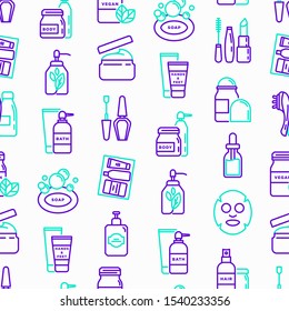 Beauty products seamless pattern with thin line icons: skin care, cream, gel, organic cosmetics, make up, soap dispenser, nail care, beauty box, deodorant, face oil, sheet mask. Vector illustration.