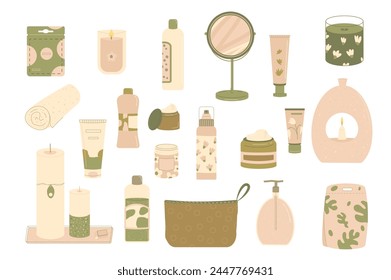 Beauty products set. Cleansing and moisturizing face skincare. Serum and cream for spa. Skin, eyes, body cosmetics bottles, containers and tubes. Flat vector illustration isolated on white background.