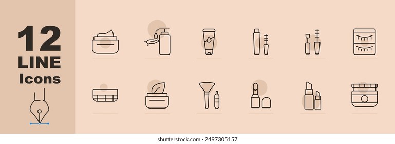 Beauty products set icon. Cream jar, lotion bottle, hand cream, mascara, eye patches, facial cleanser, brush, lipstick