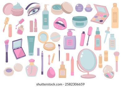 Beauty products set. Make up collection. Cosmetic design product for lips, face and nails. 