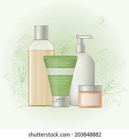 Beauty products set. Vector icon. Objects cosmetics on floral background 