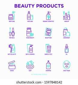 Beauty products thin line icons set: skin care, cream, gel, organic cosmetics, make up, soap dispenser, nail care, beauty box, deodorant, face oil, shampoo, sheet mask. Modern vector illustration.