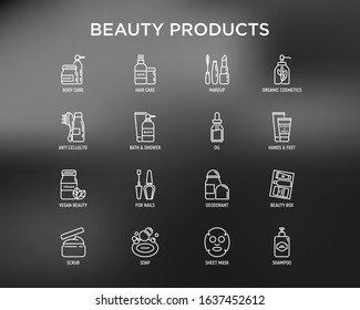 Beauty products thin line icons set: skin care, cream, gel, organic cosmetics, make up, soap dispenser, nail care, beauty box, deodorant, face oil, shampoo, sheet mask. Modern vector illustration.