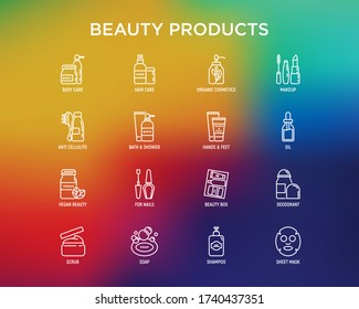 Beauty products thin line icons set: skin care, cream, gel, organic cosmetics, make up, soap dispenser, nail care, beauty box, deodorant, face oil, scrub, shampoo, sheet mask. Vector illustration.