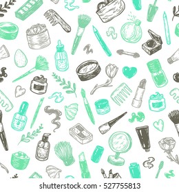 Beauty products and tools. Hand drawn vector pattern. Make-up products, cosmetics, perfumes, manicure tools. Brushes, lipstick, powder, eyeshadow, mascara.