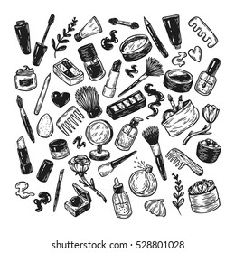Beauty products and tools. Hand drawn vector set. Make-up products, cosmetics, perfumes, manicure tools. Brushes, lipstick, powder, eyeshadow, mascara.