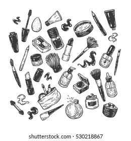 Beauty products and tools. Hand drawn vector set. Make-up products, cosmetics, perfumes, manicure tools. Brushes, lipstick, powder, eyeshadow, mascara.