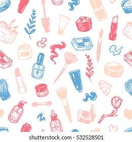 Beauty products and tools. Hand drawn vector pattern. Make-up products, cosmetics, perfumes, manicure tools. Brushes, lipstick, powder, eyeshadow, mascara.