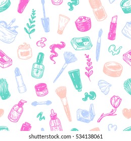 Beauty products and tools. Hand drawn vector pattern. Make-up products, cosmetics, perfumes, manicure tools. Brushes, lipstick, powder, eyeshadow, mascara.