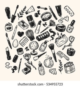 Beauty products and tools. Hand drawn vector set. Make-up products, cosmetics, perfumes, manicure tools. Brushes, lipstick, powder, eyeshadow, mascara.