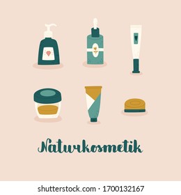 Beauty products variety. "Naturkosmetik" hand drawn lettering in German, in English means "Natural cosmetics". Beauty and health care concept. Vector hand drawn illustration