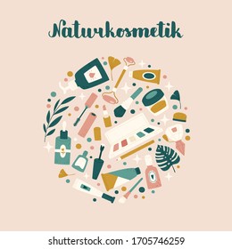 Beauty products variety. "Naturkosmetik" hand drawn lettering in German, in English means "Organic cosmetics". Beauty and health care concept. Vector hand drawn illustration