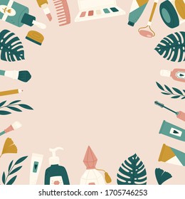 Beauty products variety with space for your text. Beauty and health care concept. Vector hand drawn illustration