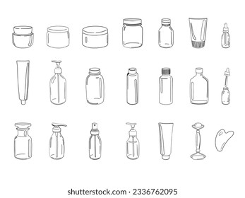 Beauty products vector line art. Tubes, jars, bottles and boxes for cosmetics. 