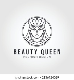 beauty queen with crown line art logo vector symbol illustration design