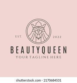 beauty queen with crown line art logo vector symbol illustration design