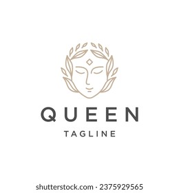 Beauty queen with crown line art logo design template