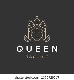 Beauty queen with crown line art logo design template